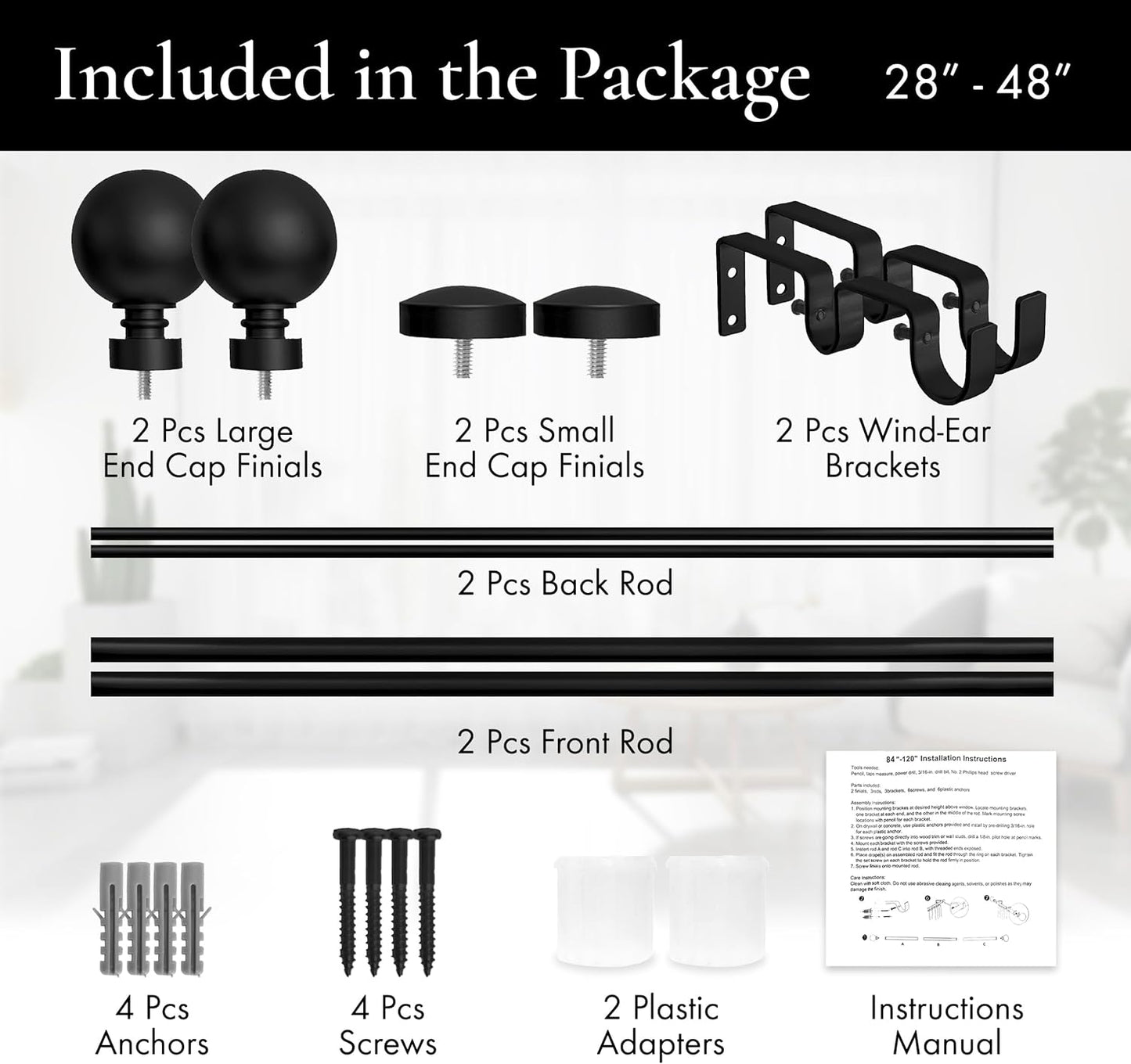 1-Inch Diameter Ball Telescoping Double Window Treatment Curtain Rod, 28-Inch to 48-Inch, Black