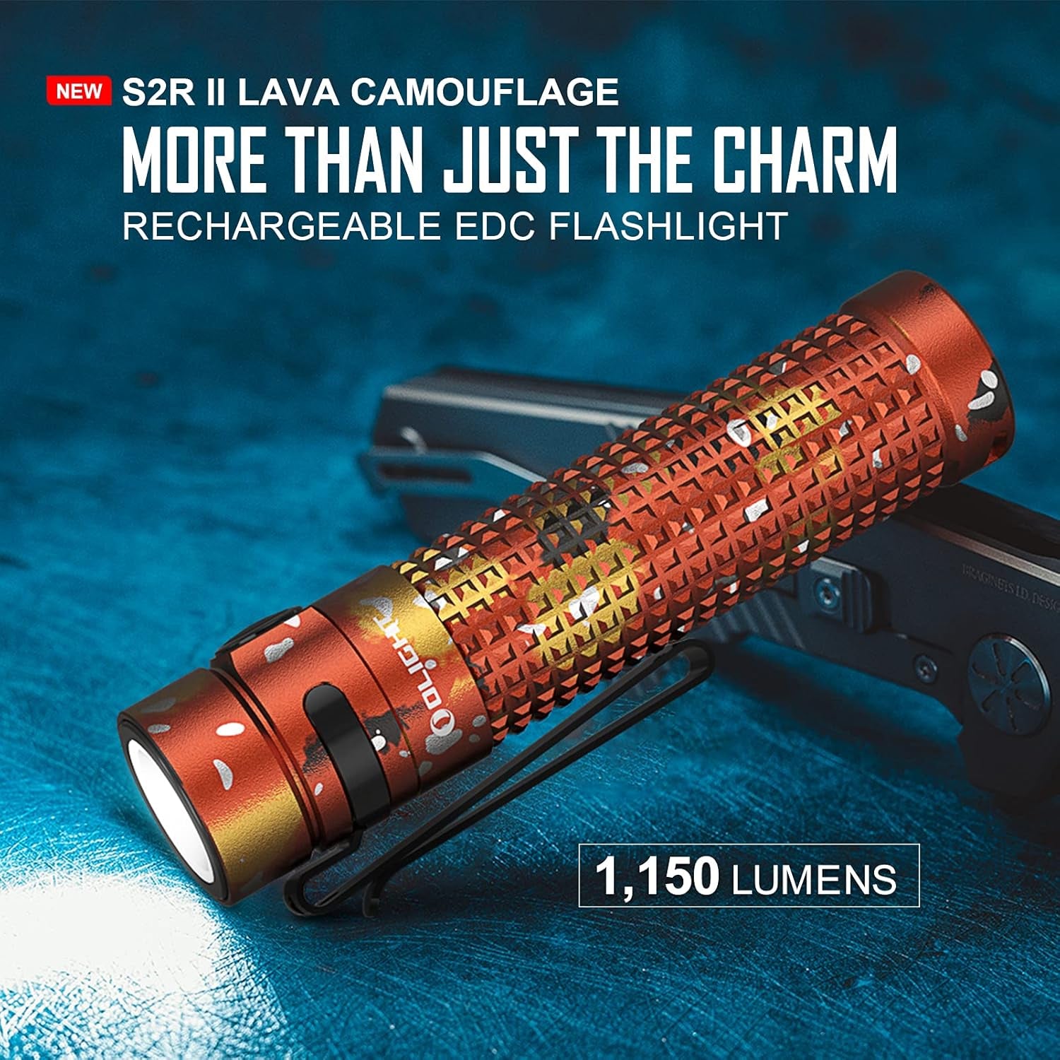 S2R II 1150 Lumens EDC Flashlight USB Magnetic Rechargeable Torch Light Equipped with Variable-Output Side Switch and Dual Direction Pocket Clip (Lava Camouflage)