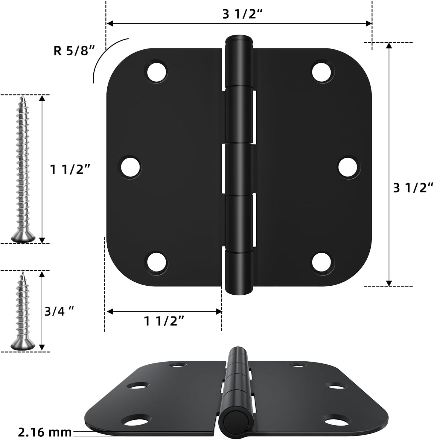 18 Pack Door Hinges Black Matte Interior Door Hinges 3.5 X 3.5 Inch Rounded with 5/8 Radius, Heavy Duty Hinges for Doors