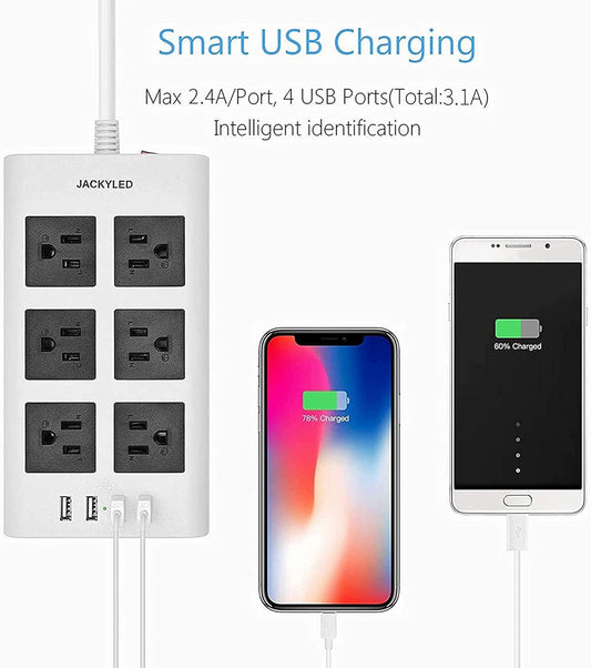 Flat Plug Long Extension Cord 10 Ft,  15A 14 AWG Power Strip Surge Protector with 6 Wide Outlets 4 USB Ports, Fireproof Desktop Charger for Phone Laptop Home Office Dorm Hotel Travel, White