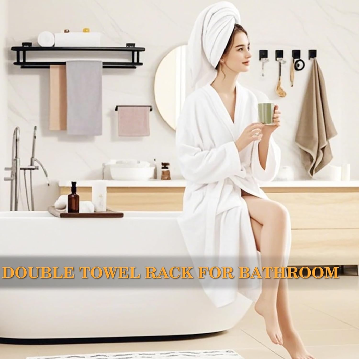 Double Towel Rack for Bathroom,24 Inch Bathroom Tower Holder Towel Shelf with Double Towel Bars Wall Mount,Sus304 Stainless Steel Double Tower Bar for Bathroom Wall,Towel Hanger Matte Black