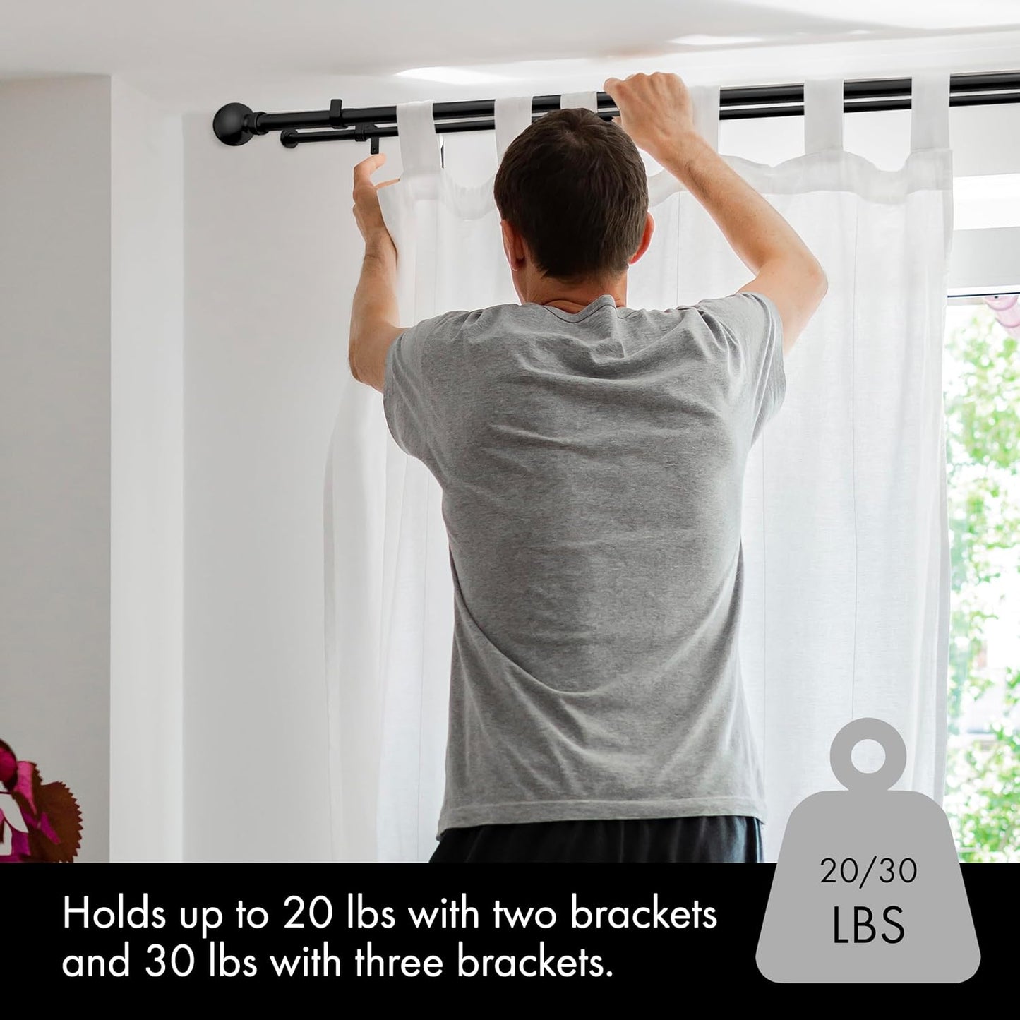1-Inch Diameter Ball Telescoping Double Window Treatment Curtain Rod, 28-Inch to 48-Inch, Black