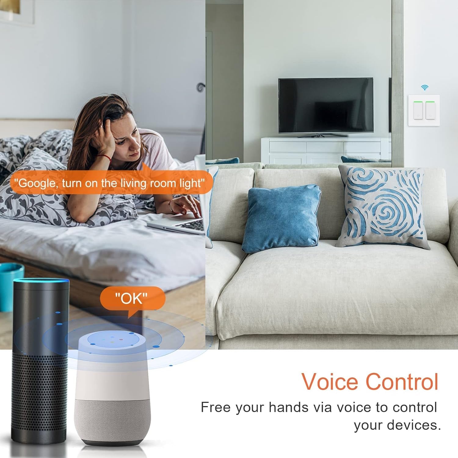 Smart Light Switch 2 Gang Wifi Smart Light Double Switch Compatible with Alexa, Google Assistant,Wireless Control, 2.4G Wifi Smart Light Switch, Single-Pole, Neutral Wire Required