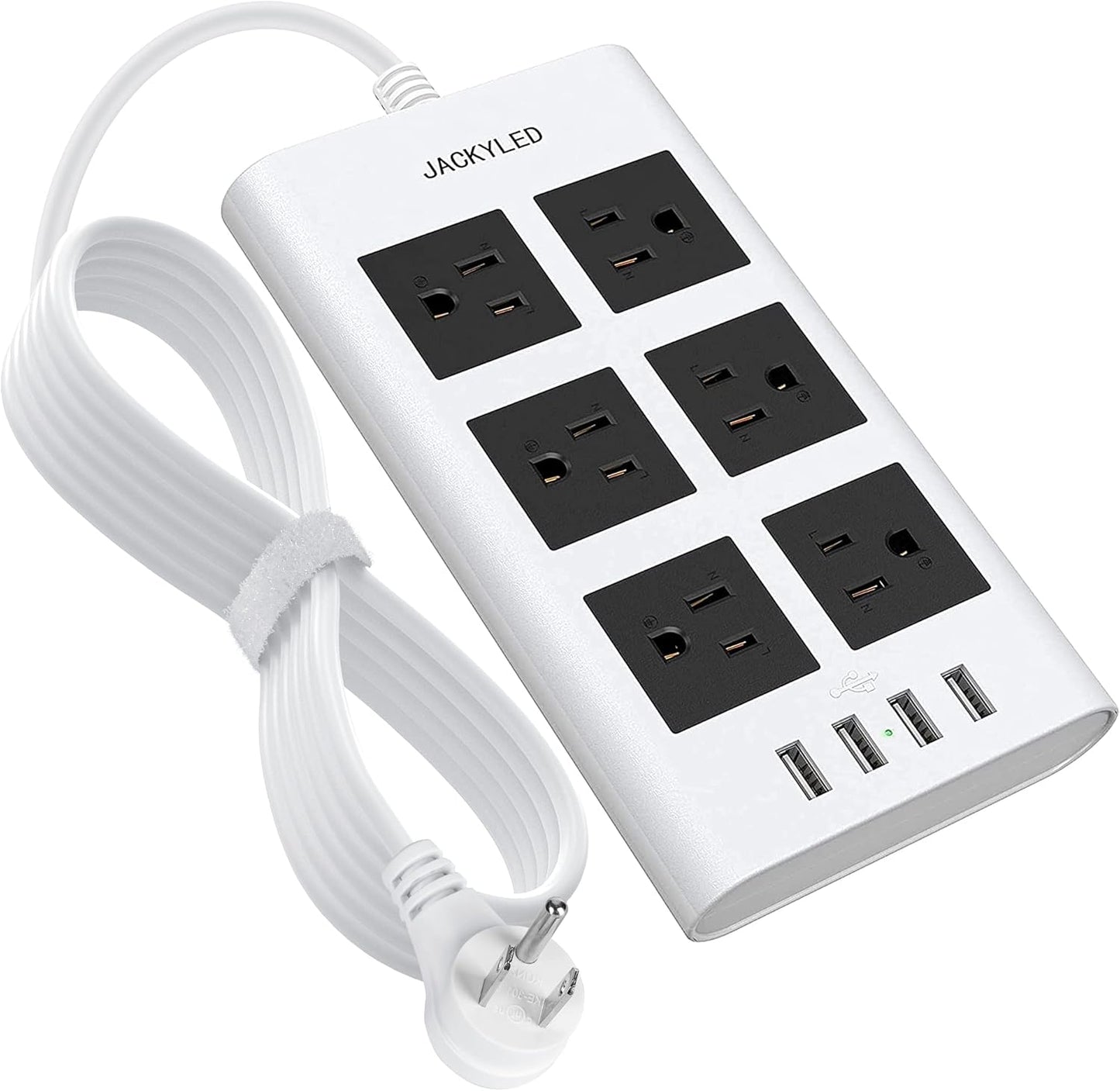 Flat Plug Long Extension Cord 10 Ft, 15A 14 AWG Power Strip Surge Protector with 6 Wide Outlets 4 USB Ports, Fireproof Desktop Charger for Phone Laptop Home Office Dorm Hotel Travel, White