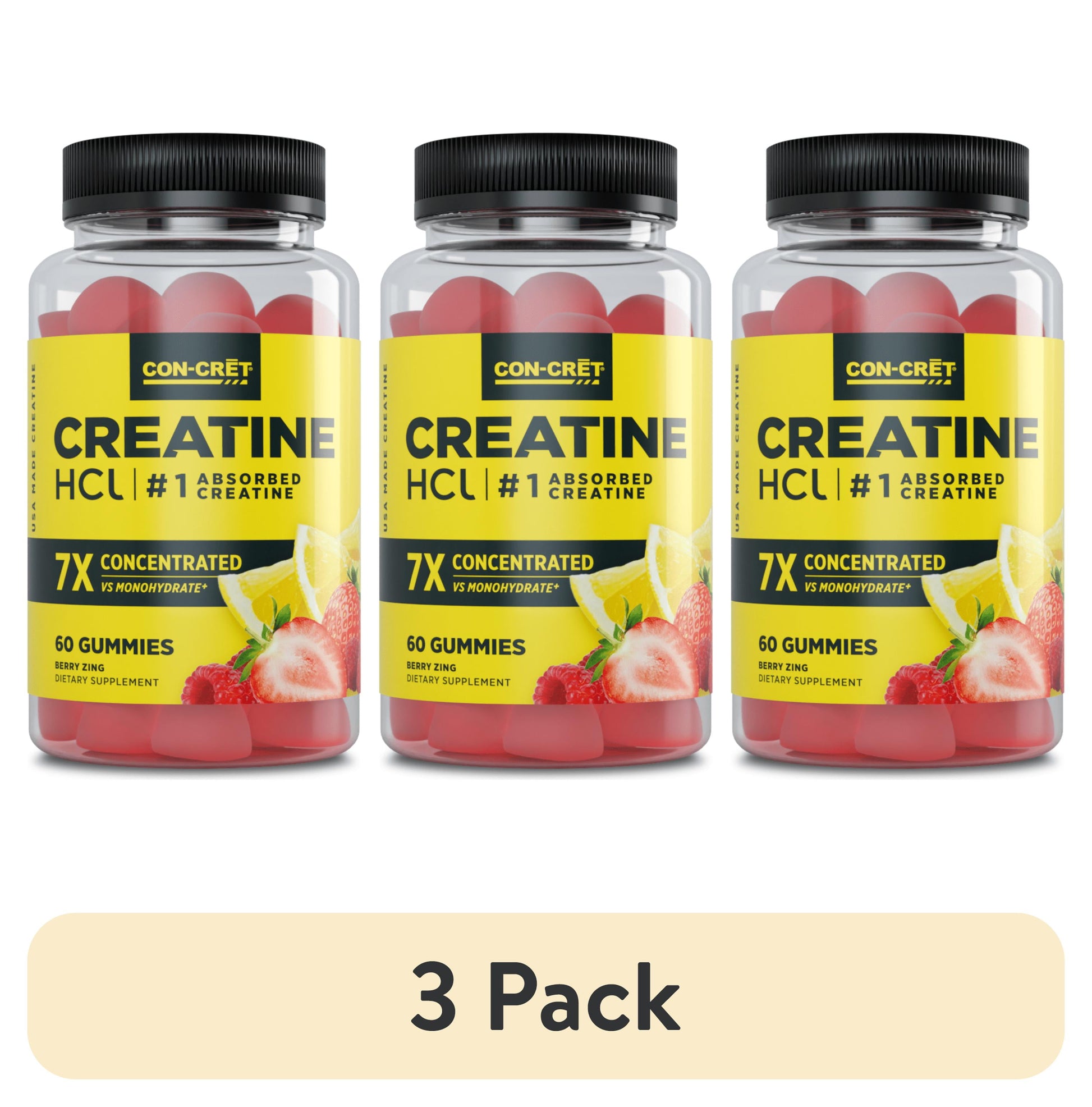 (3 Pack)  Creatine Hcl Gummies, Sour Berry Zing Flavor, Supports Muscle & Brain Health, 60 Count