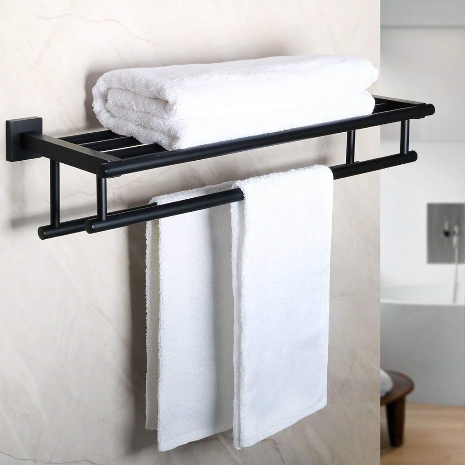 Double Towel Rack for Bathroom,24 Inch Bathroom Tower Holder Towel Shelf with Double Towel Bars Wall Mount,Sus304 Stainless Steel Double Tower Bar for Bathroom Wall,Towel Hanger Matte Black