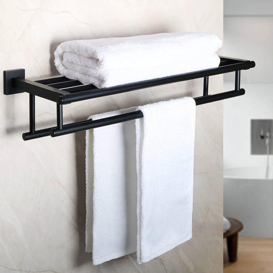 Double Towel Rack for Bathroom,24 Inch Bathroom Tower Holder Towel Shelf with Double Towel Bars Wall Mount,Sus304 Stainless Steel Double Tower Bar for Bathroom Wall,Towel Hanger Matte Black