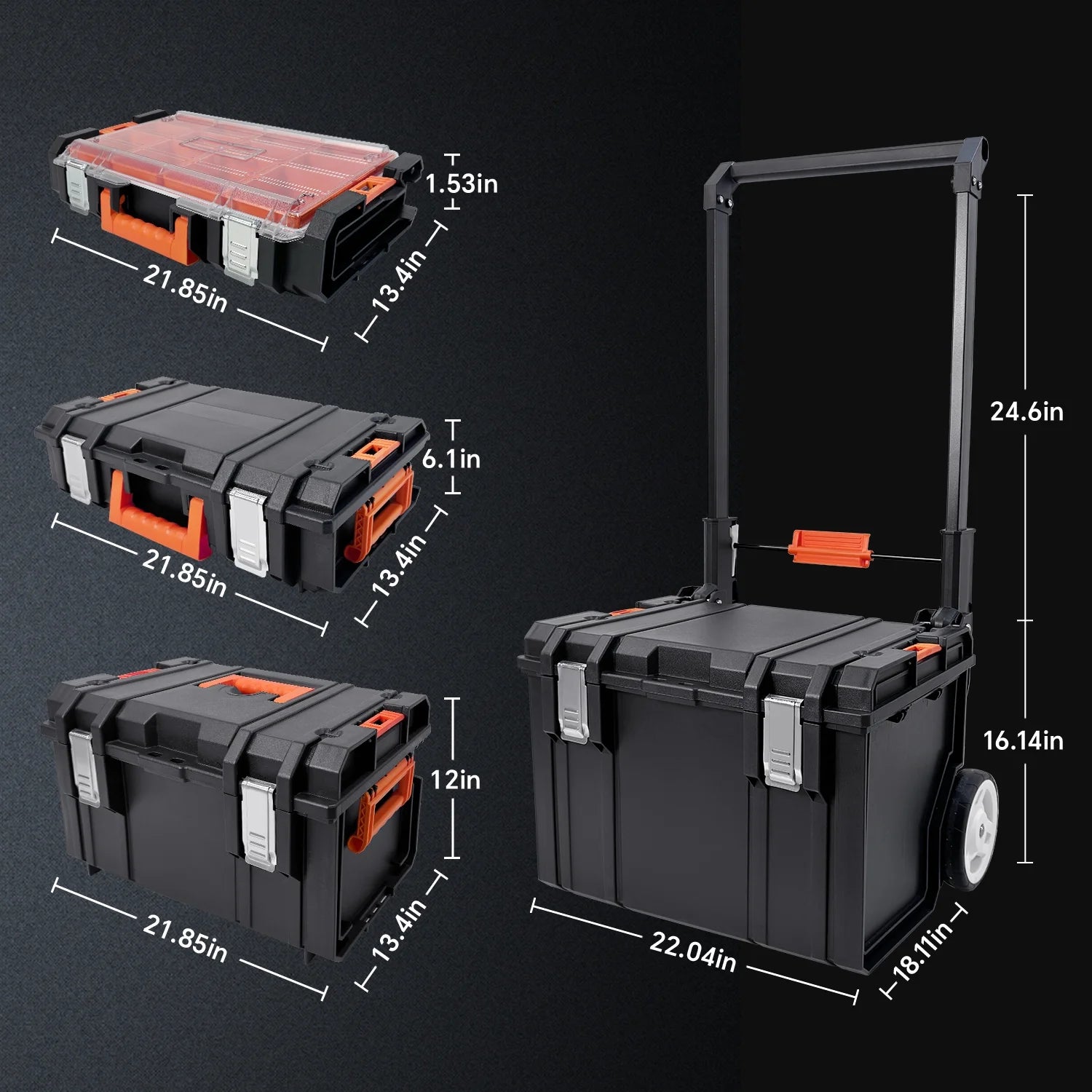 Stackable Storage System - 4 Pieces Set, Rolling Tool Box Set Mobile Tool Chest Storage Organizer Portable . Mobile Utility Cart with Comfort Grip Handle and Tough Latches, Black