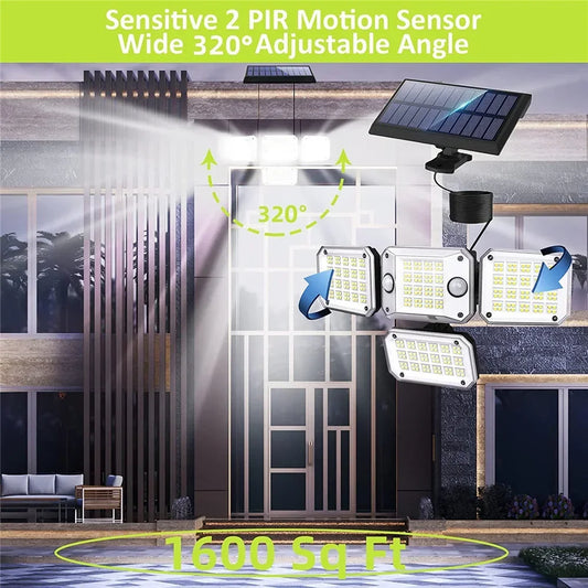 Solar Motion Sensor Flood Light 4 Heads LED Security Lights Waterproof Outdoor Wall Light 3000LM 3 Modes Garden Yard Solar Light