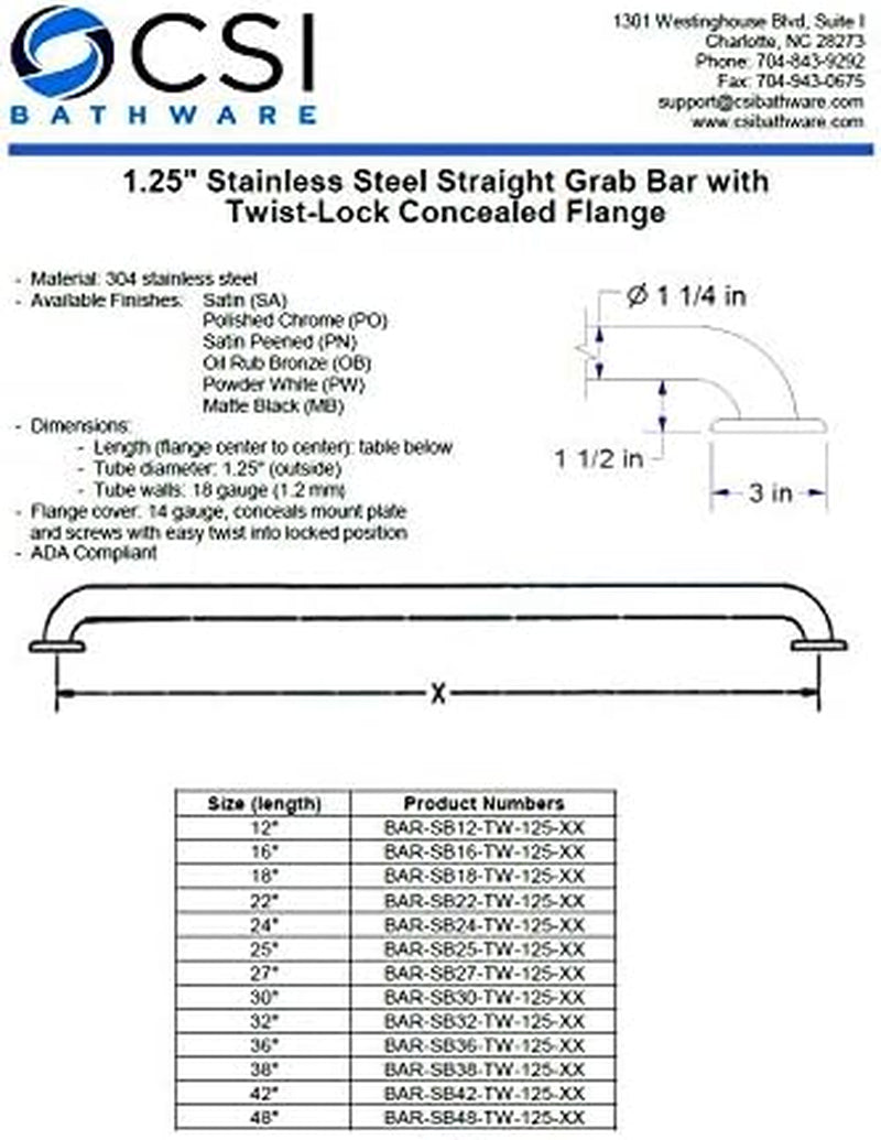 Straight Grab Bar Bath, 18",1.25" Diameter Satin Stainless