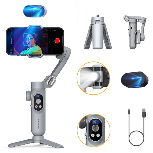 Smart Xpro Ai Grey Gimbal Stabilizer for Iphone and Android 3-Axis Intelligent Gimbal Stabilizer Appless Face Tracking