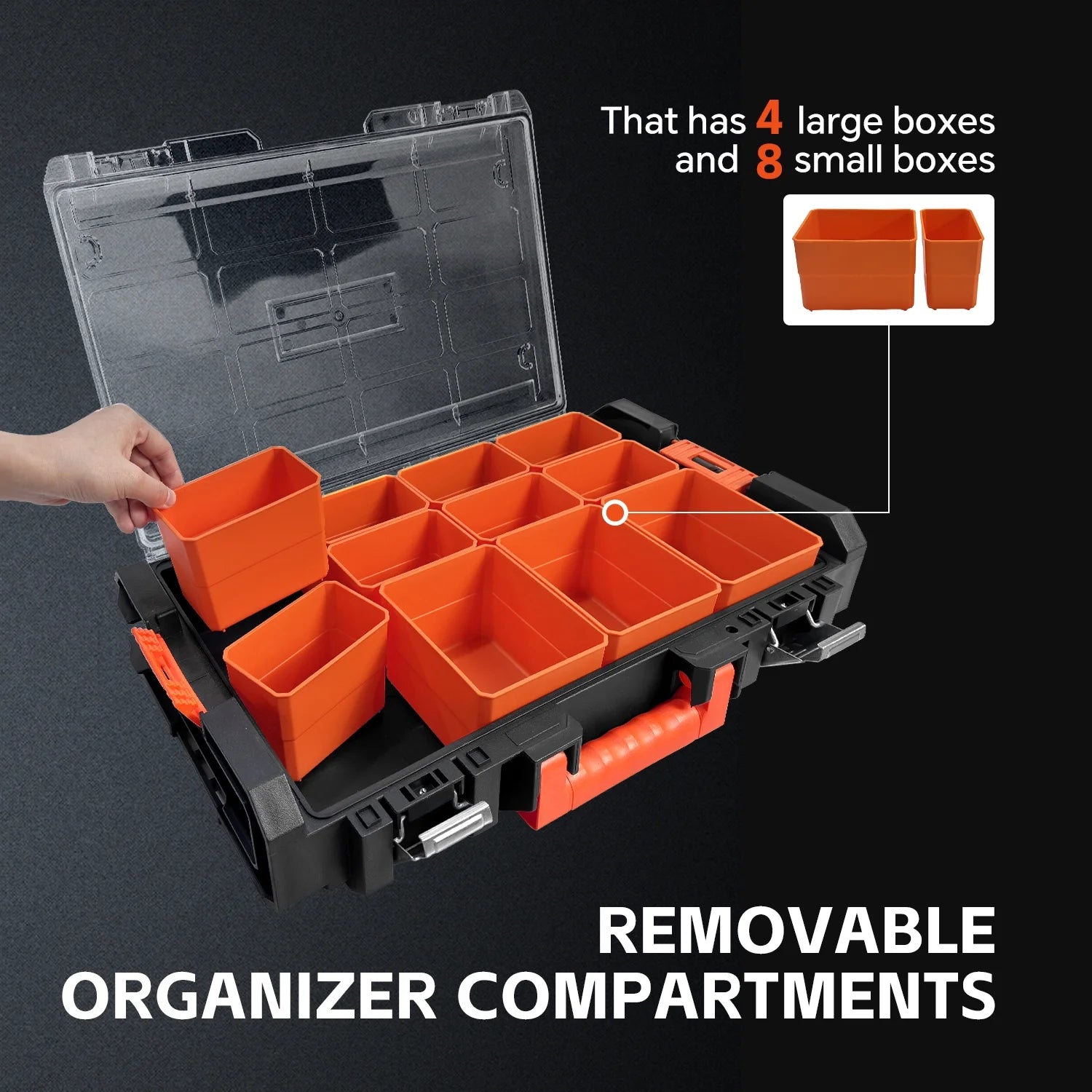 Stackable Storage System - 4 Pieces Set, Rolling Tool Box Set Mobile Tool Chest Storage Organizer Portable . Mobile Utility Cart with Comfort Grip Handle and Tough Latches, Black