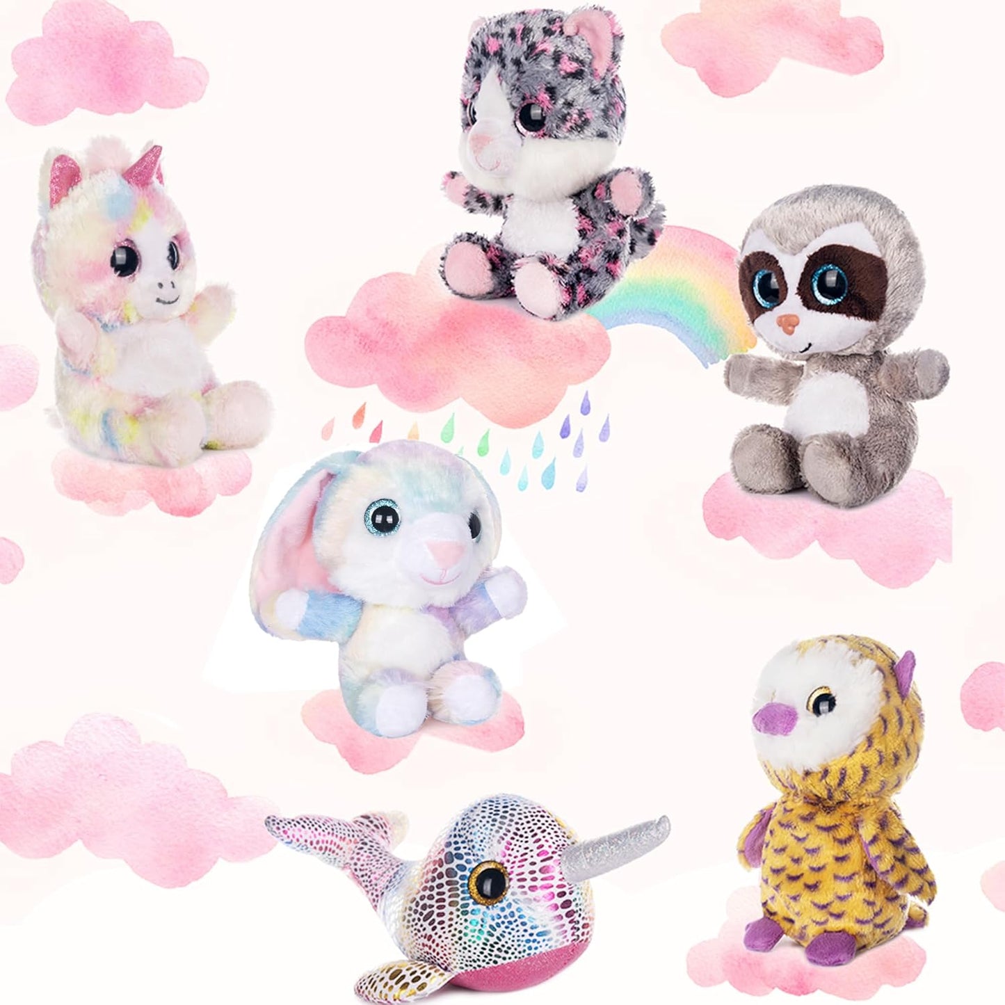7" Adorable Stuffed Animals Bulk - 6 Pcs Fairy Tale Plush Toys (Sloth, Unicorn, Rabbit, Narwhal, Owl, Cat) - Perfect Plushies for Babies Kids Girls & Boys