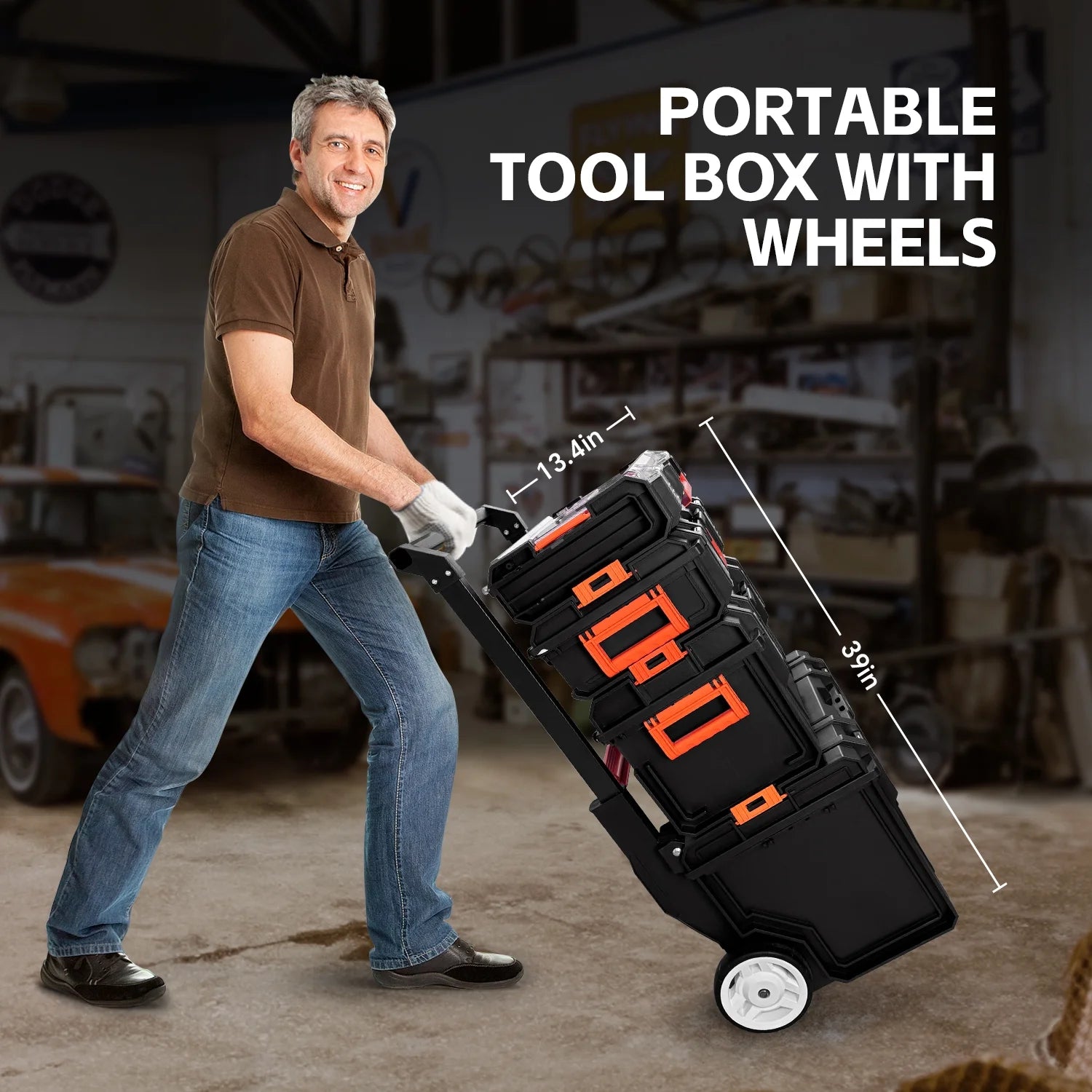 Stackable Storage System - 4 Pieces Set, Rolling Tool Box Set Mobile Tool Chest Storage Organizer Portable . Mobile Utility Cart with Comfort Grip Handle and Tough Latches, Black