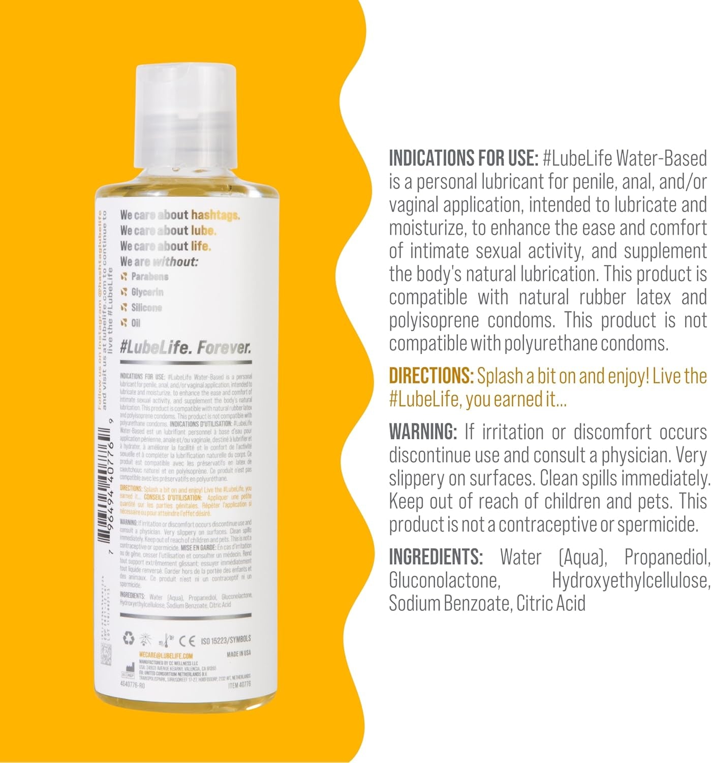 Lubelife Water-Based Lube – Personal Lubricant for Men, Women & Couples, Travel Size, Non-Staining, Easy Clean-Up, Toy-Safe, 8 Fl Oz