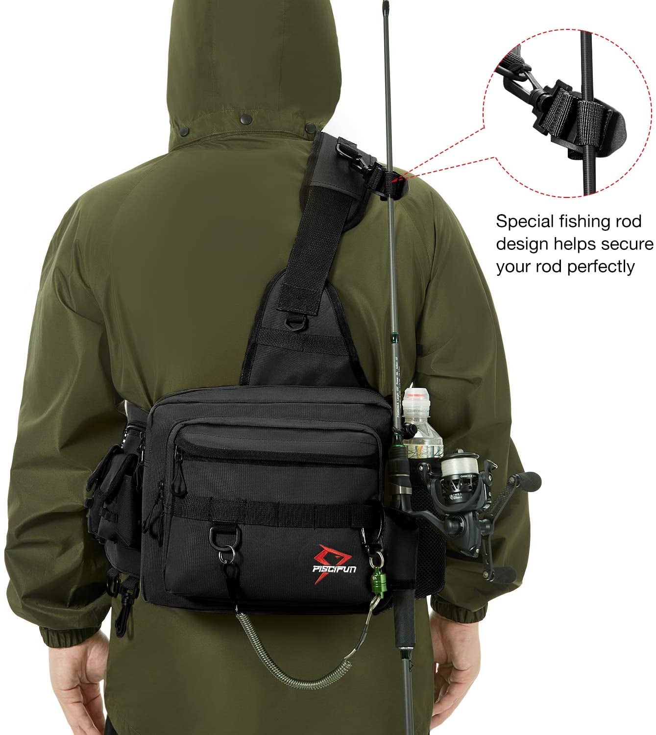 Fishing Tackle Bag with Rod & Gear Holder, Lightweight Sling Tackle Storage Bag, Water-Resistant Cross Body Sling Bag with D-Rings and Waist Strap, Available in Black, Khaki, Camo