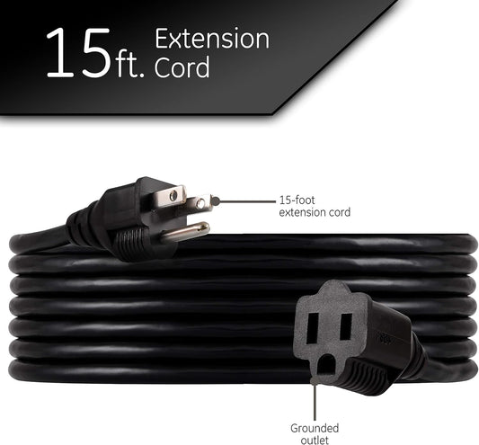 Outdoor Extension Cord, 15 Ft, Heavy Duty Extension Cord, Double Insulated, Grounded, 16 Gauge, 3 Prong Extension Cords, General Purpose Long Extension Cord, UL Listed, Black, 36824