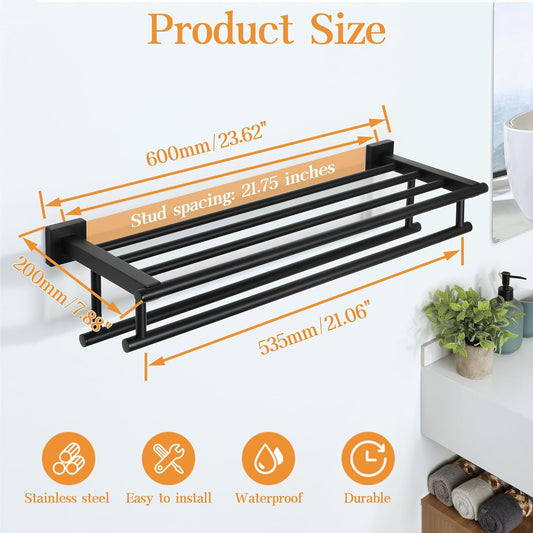 Double Towel Rack for Bathroom,24 Inch Bathroom Tower Holder Towel Shelf with Double Towel Bars Wall Mount,Sus304 Stainless Steel Double Tower Bar for Bathroom Wall,Towel Hanger Matte Black