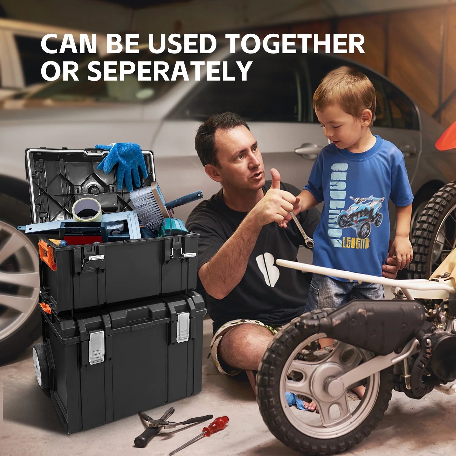 Stackable Storage System - 4 Pieces Set, Rolling Tool Box Set Mobile Tool Chest Storage Organizer Portable . Mobile Utility Cart with Comfort Grip Handle and Tough Latches, Black