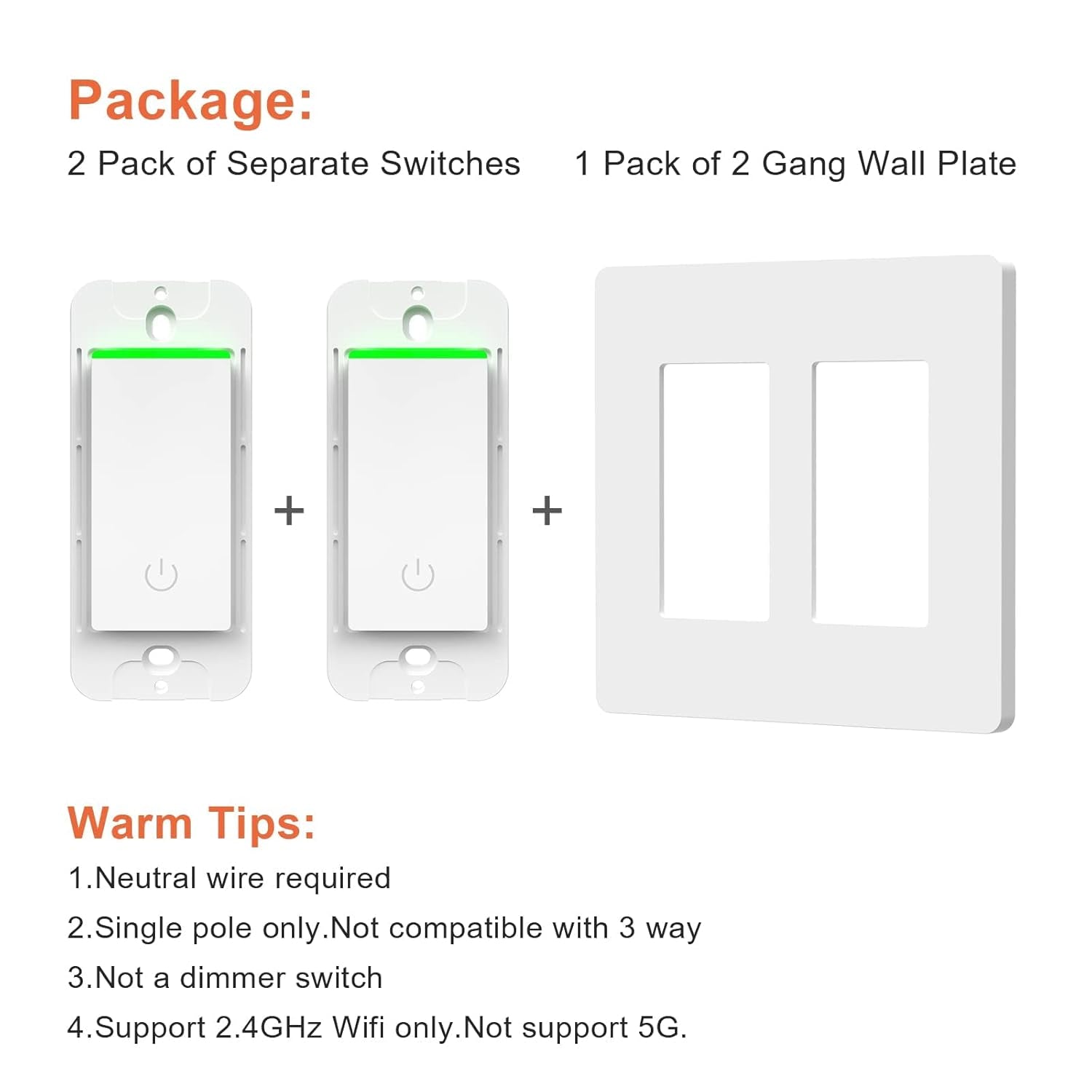 Smart Light Switch 2 Gang Wifi Smart Light Double Switch Compatible with Alexa, Google Assistant,Wireless Control, 2.4G Wifi Smart Light Switch, Single-Pole, Neutral Wire Required