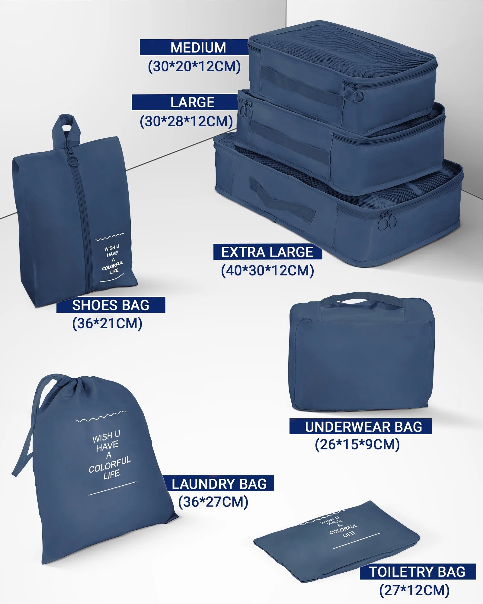 3 Piece Luggage Sets Travel Suitcase Set with 7PCS Organizer Bags, Navy Blue