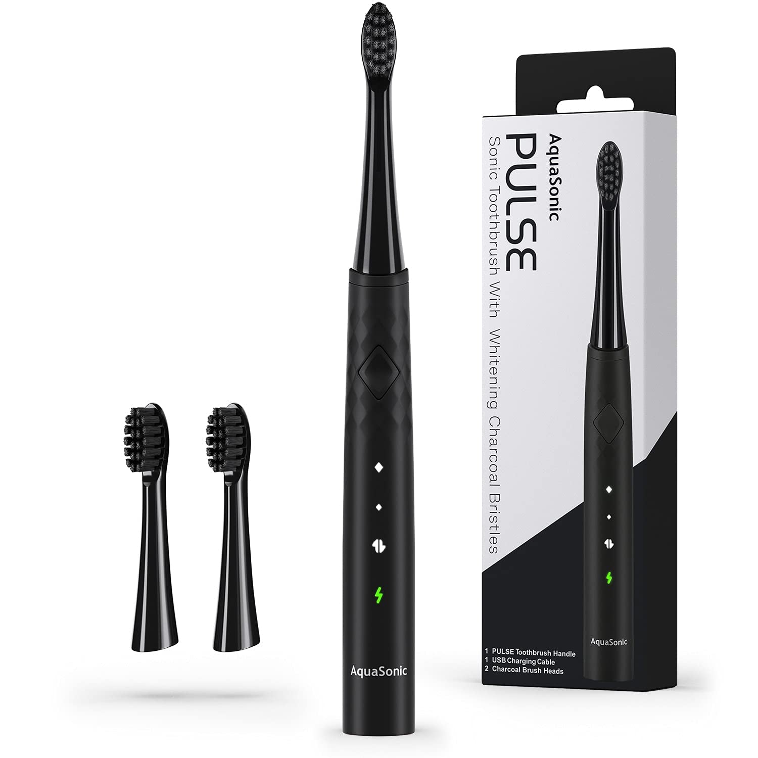 Aquasonic Pulse – Ultra Whitening Electric Toothbrush W Activated Charcoal Whitening Bristles – Sonic Rechargeable Toothbrush – 3 Modes & Smart Timers – Lasts 45 Days – Home & Travel Toothbrush