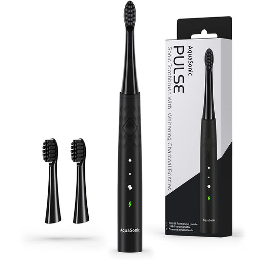 Aquasonic Pulse – Ultra Whitening Electric Toothbrush W Activated Charcoal Whitening Bristles – Sonic Rechargeable Toothbrush – 3 Modes & Smart Timers – Lasts 45 Days – Home & Travel Toothbrush