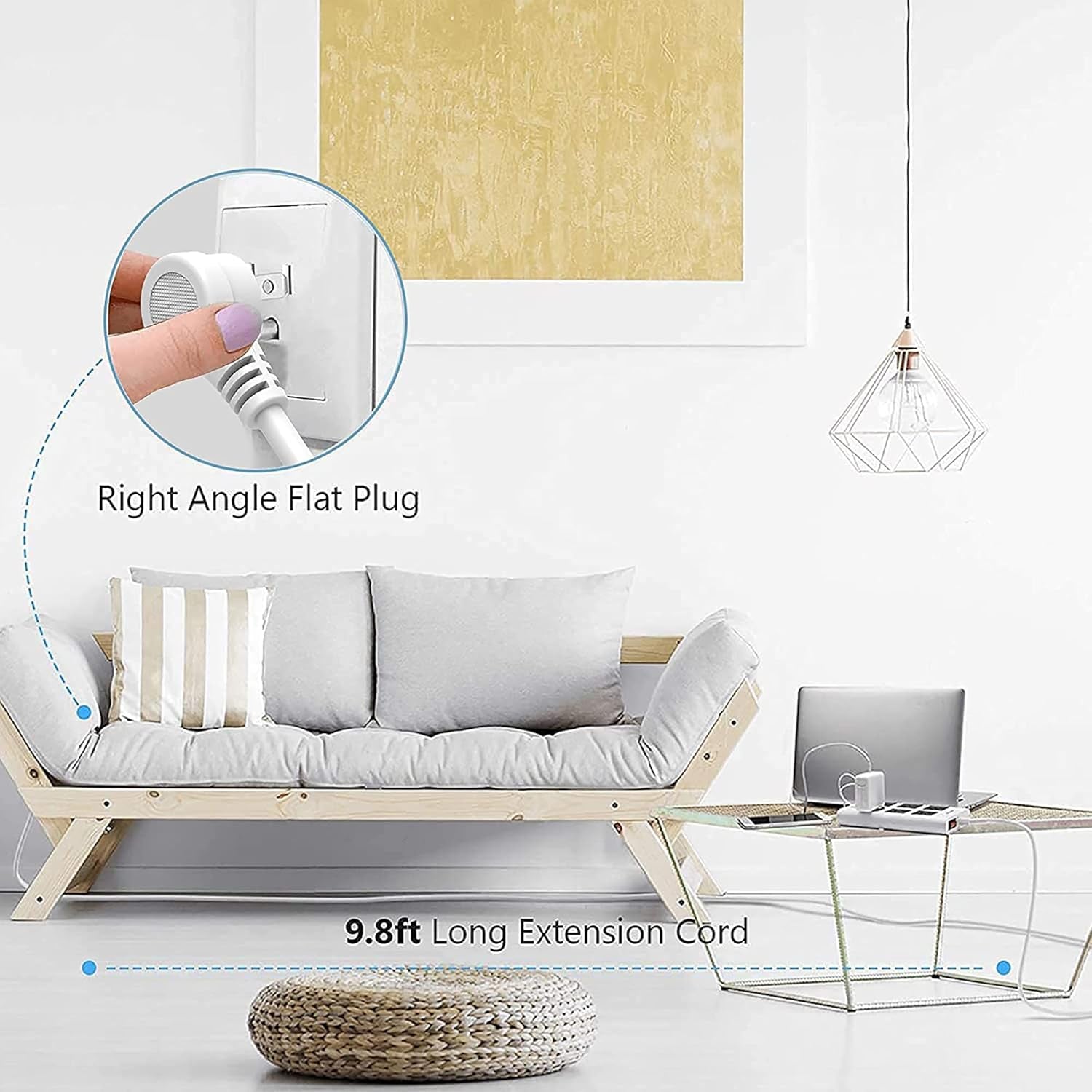 Flat Plug Long Extension Cord 10 Ft,  15A 14 AWG Power Strip Surge Protector with 6 Wide Outlets 4 USB Ports, Fireproof Desktop Charger for Phone Laptop Home Office Dorm Hotel Travel, White