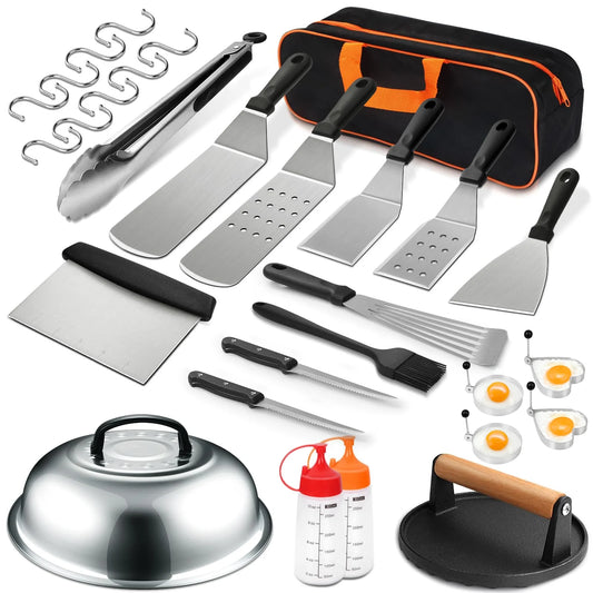 Stainless Steel Griddle Tool Kit, Compact Outdoor BBQ Toolkit - Set of 30
