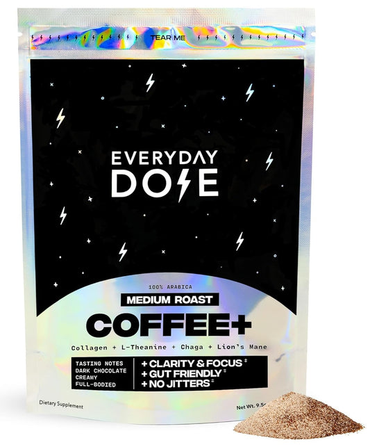 Everyday Dose Bold Medium Roast Mushroom Coffee 90Mg Caffeine per Serving with Grass-Fed Collagen, Chaga, Lions Mane & L-Theanine for Better Focus, Energy, Digestion, Skin, and Immunity 30 Servings