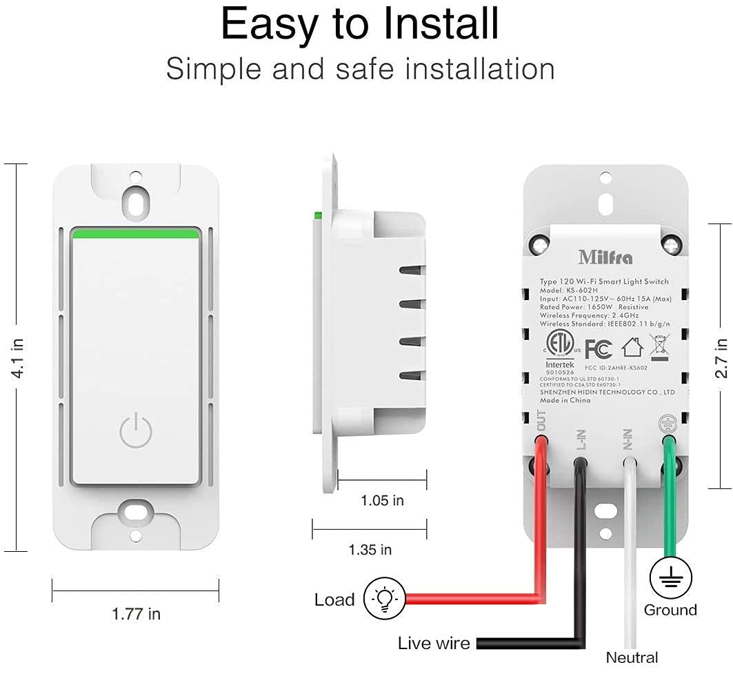 Smart Light Switch 2 Gang Wifi Smart Light Double Switch Compatible with Alexa, Google Assistant,Wireless Control, 2.4G Wifi Smart Light Switch, Single-Pole, Neutral Wire Required