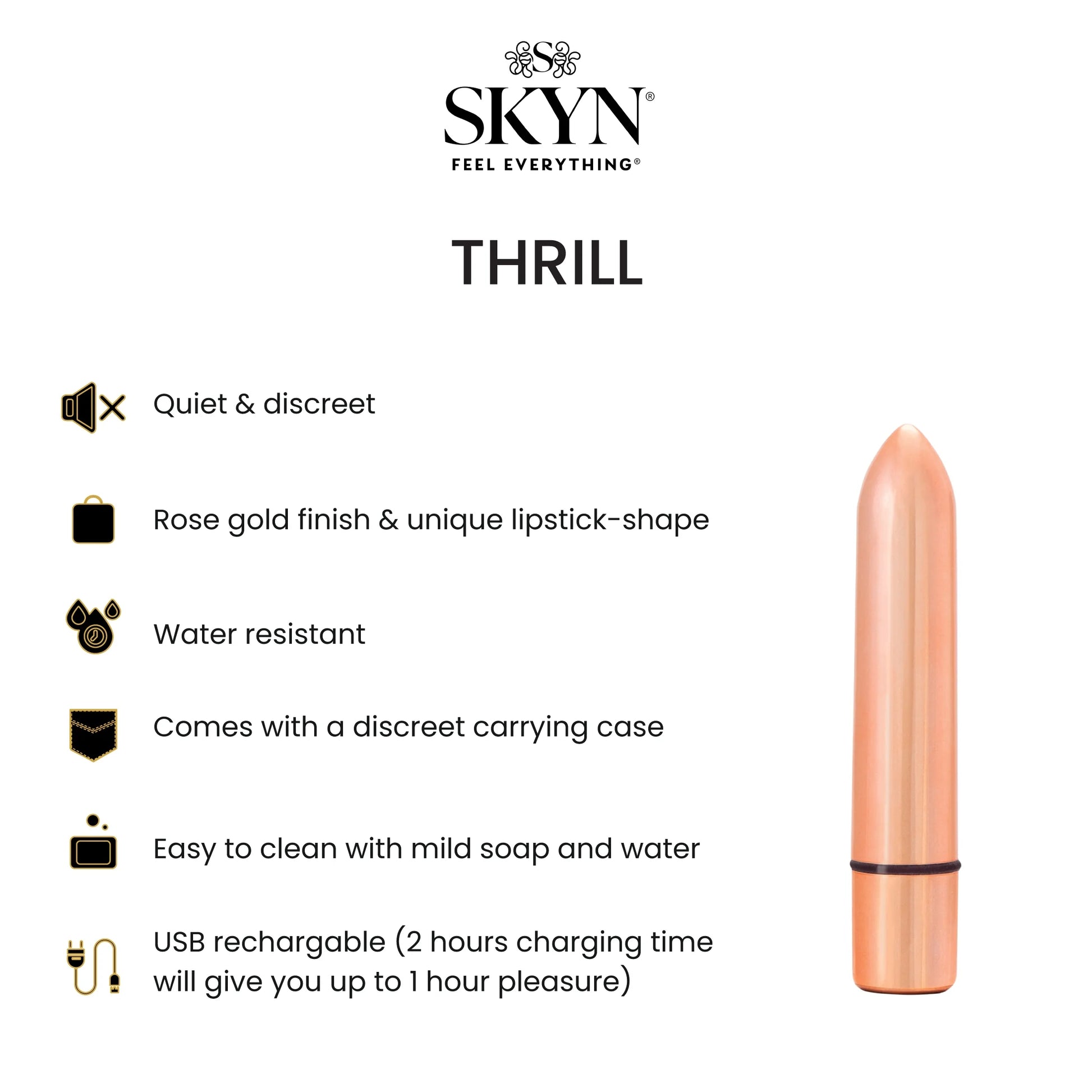 Thrill 3 Speed Vibrating Bullet Vibrator, 3 Speeds, Rose Gold