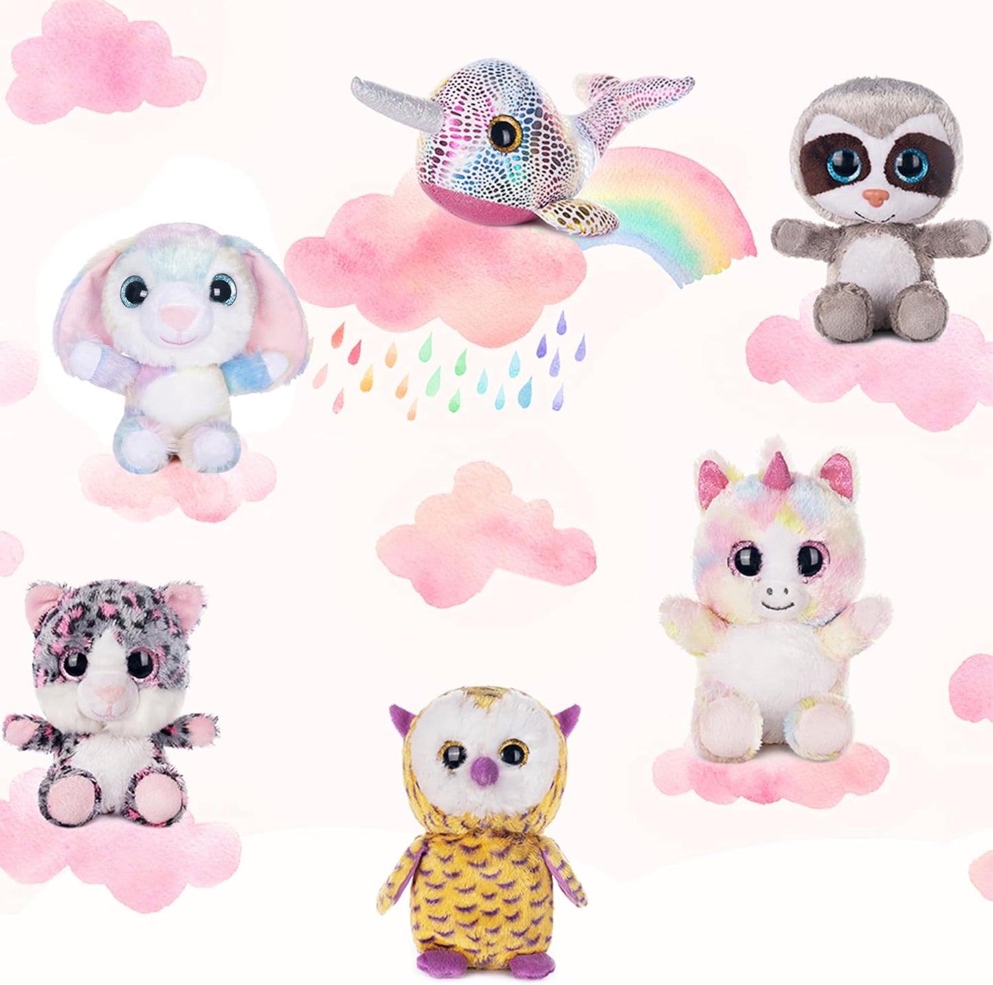 7" Adorable Stuffed Animals Bulk - 6 Pcs Fairy Tale Plush Toys (Sloth, Unicorn, Rabbit, Narwhal, Owl, Cat) - Perfect Plushies for Babies Kids Girls & Boys