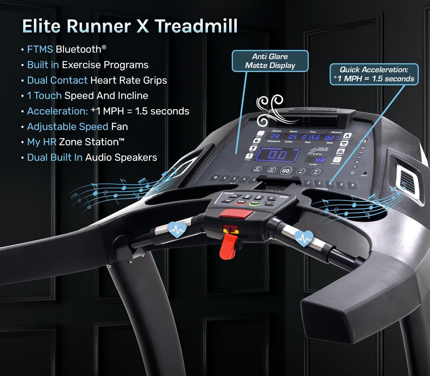 Elite Runner X Treadmill - Commercial Grade - Freesync FTMS Bluetooth Connectivity - 4.0 HP - Large Ortho Flex Shock Suspension System Deck - Marathon Training - 400 Lb Capacity
