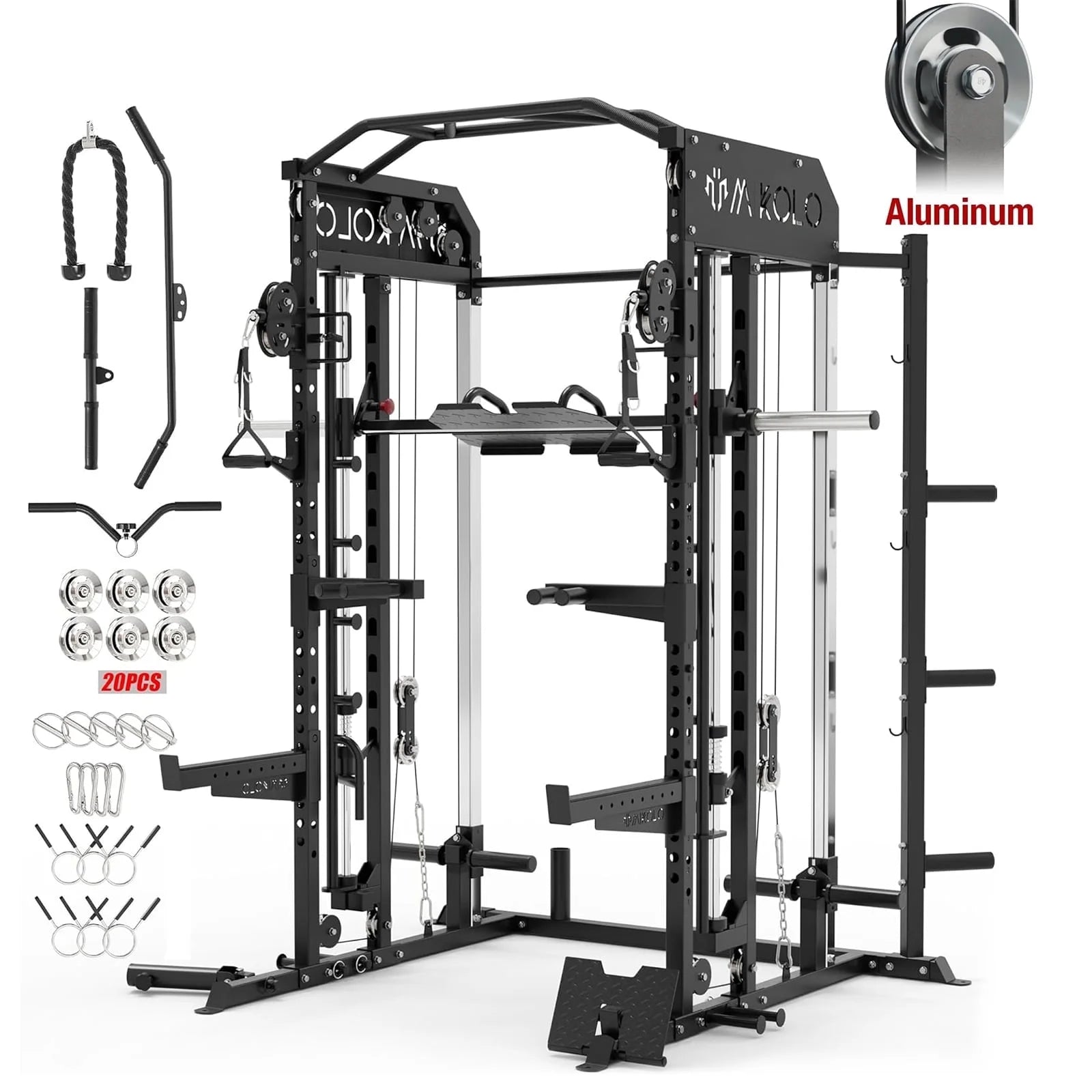 Smith Machine, All-In-One Power Rack Cage with Vertical Leg Press, 2000LBS Power Cage Squat Rack with Smith Bar, Dual Pulley Cable Crossover System for Home Gym