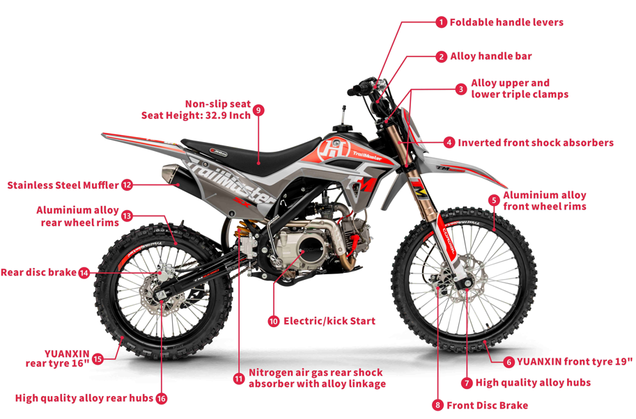 JHL SX150, Dirt Bike, 140Cc, Electric Start, Manual Trans, 32.70 Inch Seat Height, Electric Start, 140Cc, Air Cooled, Inverted Forks, Dual Vented Disc Brakes, 19 Inch Front Tire