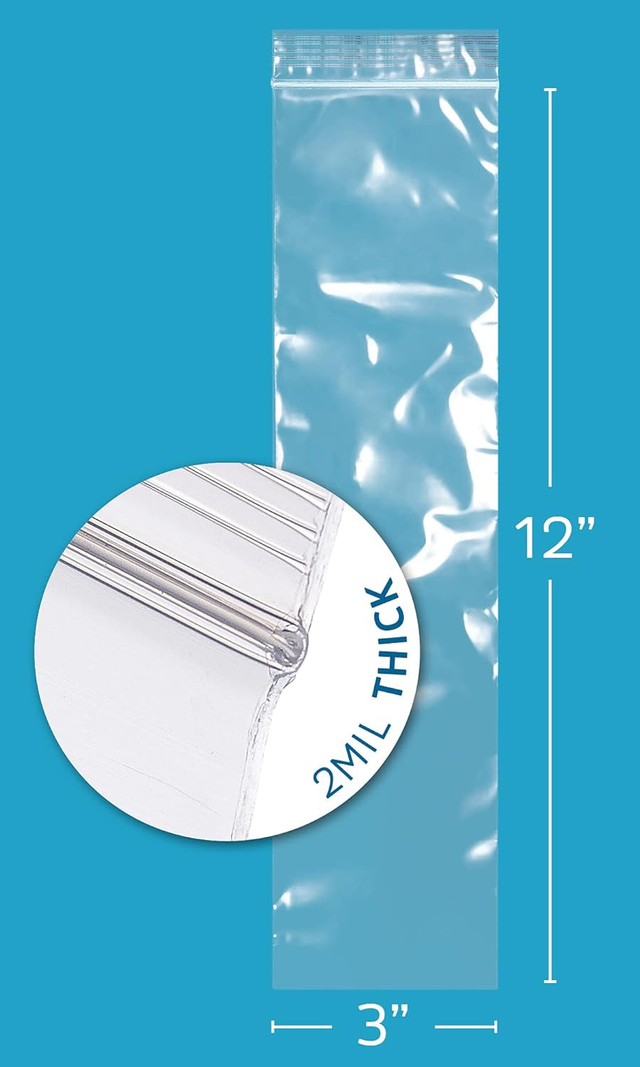 3" X 12" Extra Long Zip Bags, 6,000 Pack, Clear Plastic Reclosable Zip Baggies, 2 Mil Thick, Resealable Poly Bags for Packaging Insence, Necklaces & Jewelry.