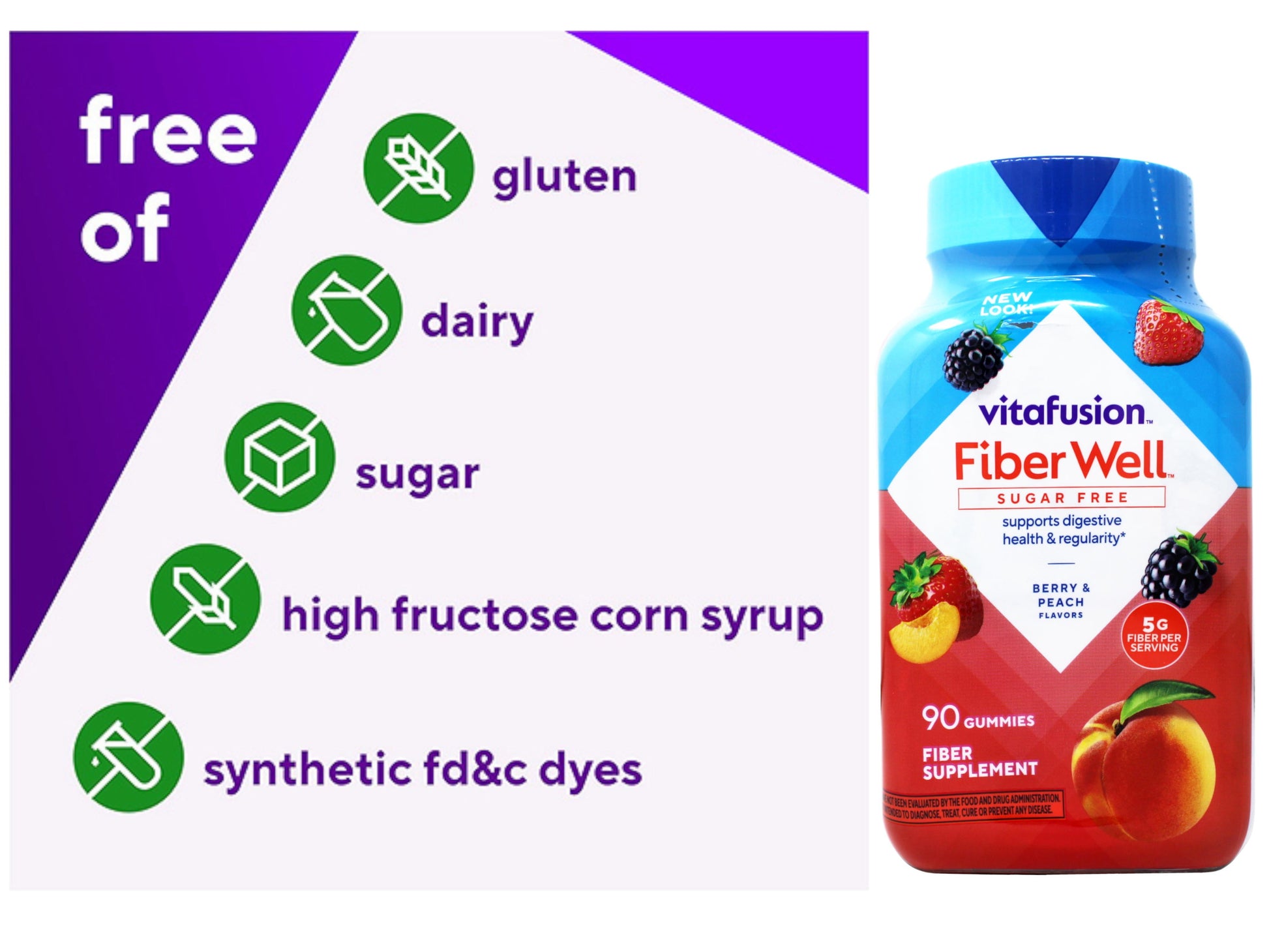 Fiber Well Sugar Free Fiber Supplement Gummies, Berry & Peach Flavors, 90 Count