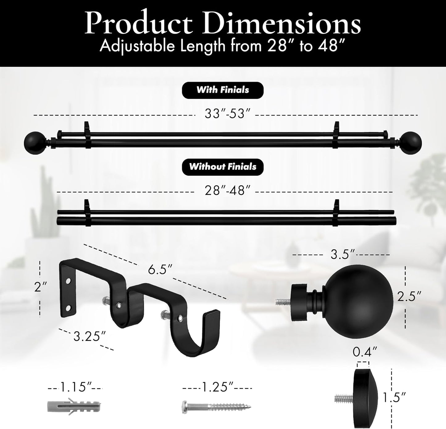 1-Inch Diameter Ball Telescoping Double Window Treatment Curtain Rod, 28-Inch to 48-Inch, Black