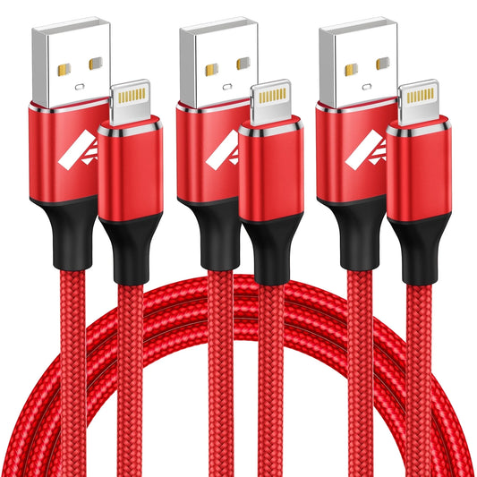 3 Pack 6FT Cables Compatible with Iphone 14/13/12/11/10, Nylon Braided Charging 3A Fast Charger Cord, Red