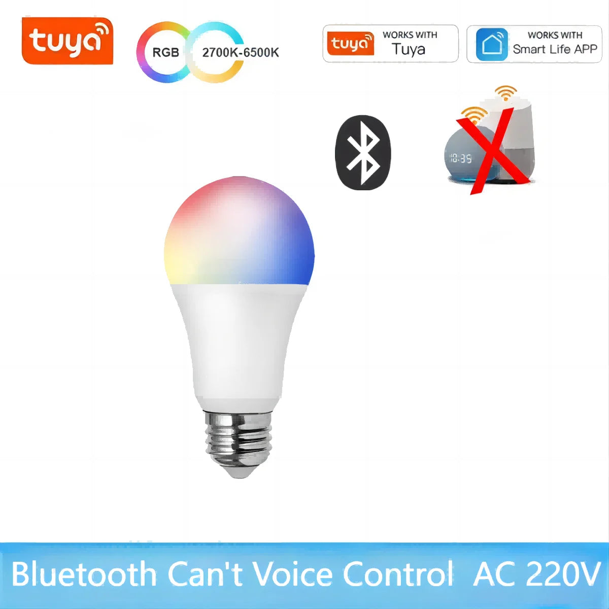 EU E27 Tuya Smart LED Light Bulb Bulb,Short Range Wireless Connect Smart Light Bulb, Works with Tuya Smart&Smart Lifeapp