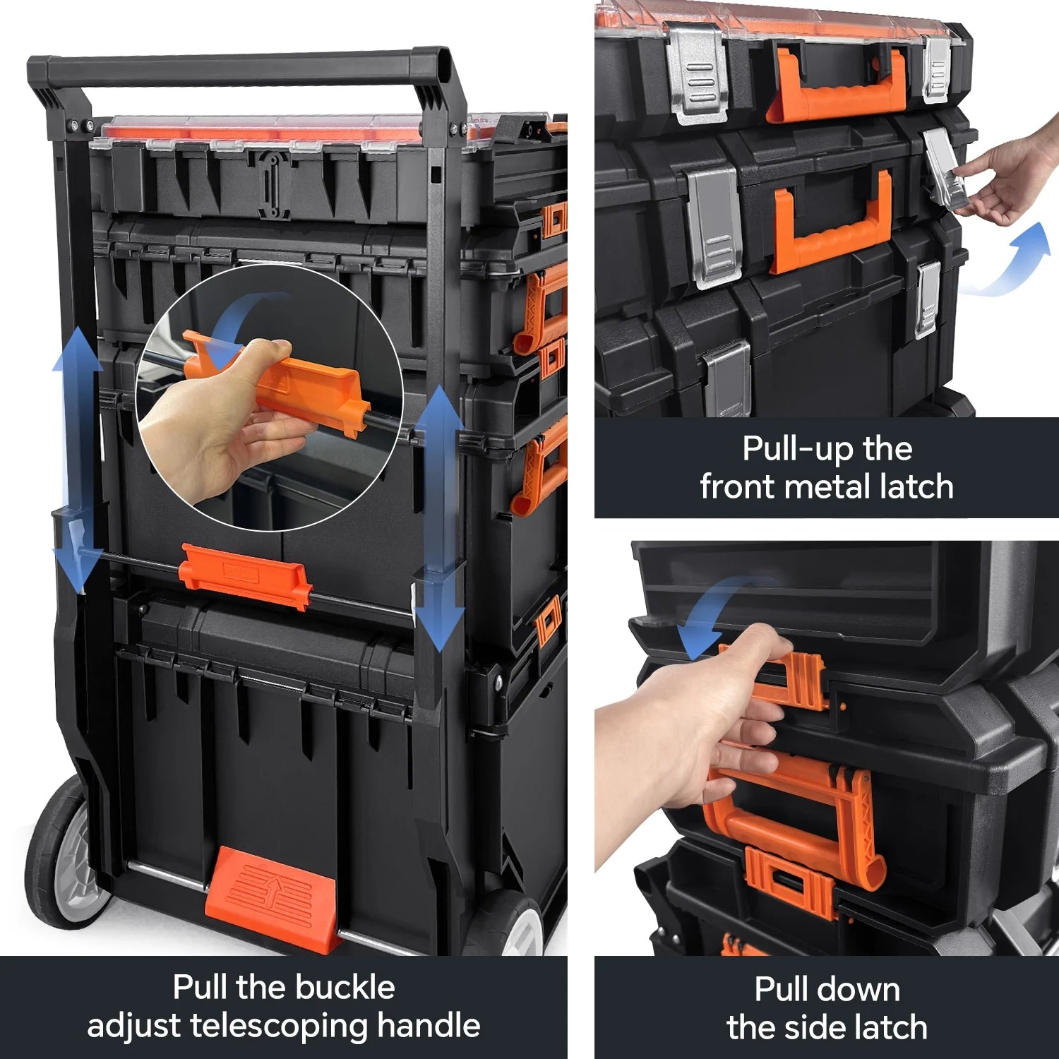 Stackable Storage System - 4 Pieces Set, Rolling Tool Box Set Mobile Tool Chest Storage Organizer Portable . Mobile Utility Cart with Comfort Grip Handle and Tough Latches, Black