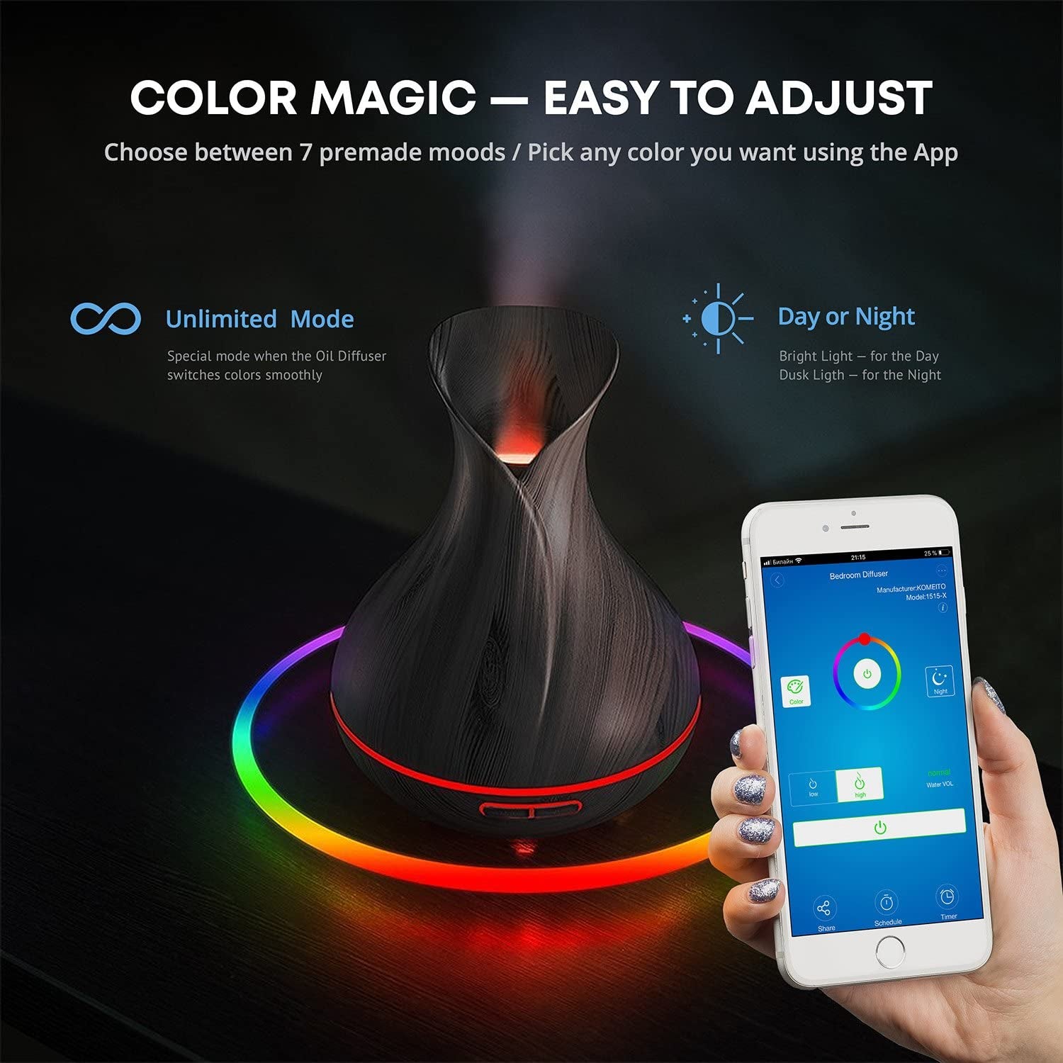 Smart Wifi Wireless Essential Oil Aromatherapy 400Ml Ultrasonic Diffuser & Humidifier with Alexa & Google Home Phone App & Voice Control - LED & Timer Settings Dark Brown
