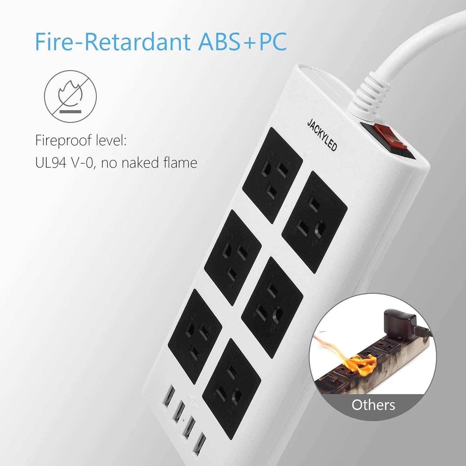 Flat Plug Long Extension Cord 10 Ft,  15A 14 AWG Power Strip Surge Protector with 6 Wide Outlets 4 USB Ports, Fireproof Desktop Charger for Phone Laptop Home Office Dorm Hotel Travel, White