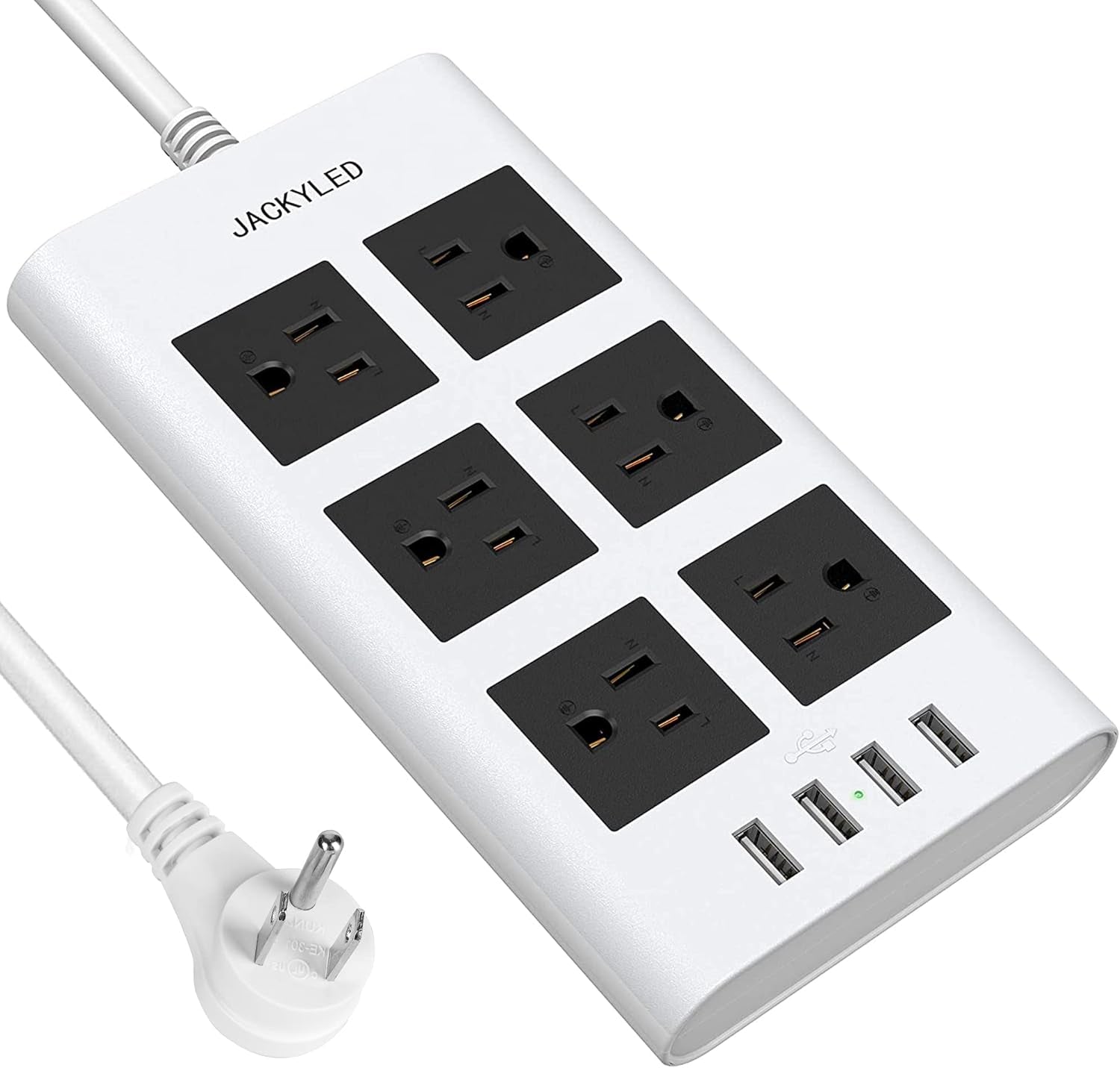 Flat Plug Long Extension Cord 10 Ft,  15A 14 AWG Power Strip Surge Protector with 6 Wide Outlets 4 USB Ports, Fireproof Desktop Charger for Phone Laptop Home Office Dorm Hotel Travel, White