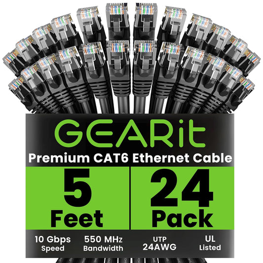 Cat 6 Ethernet Cable (24-Pack 5 Feet) Cat6 Network Patch, 10Gbps, RJ45, Snagless Cord, Gold-Plated Connectors, Internet for PC, TV, Tablet, Router, Printer, Servers, IT Data Center - Black