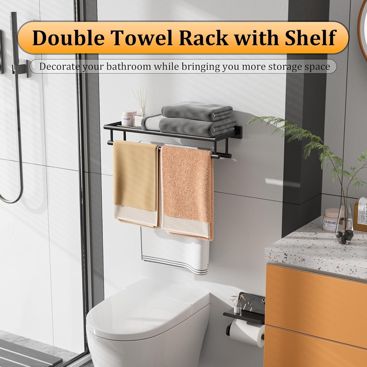 Double Towel Rack for Bathroom,24 Inch Bathroom Tower Holder Towel Shelf with Double Towel Bars Wall Mount,Sus304 Stainless Steel Double Tower Bar for Bathroom Wall,Towel Hanger Matte Black