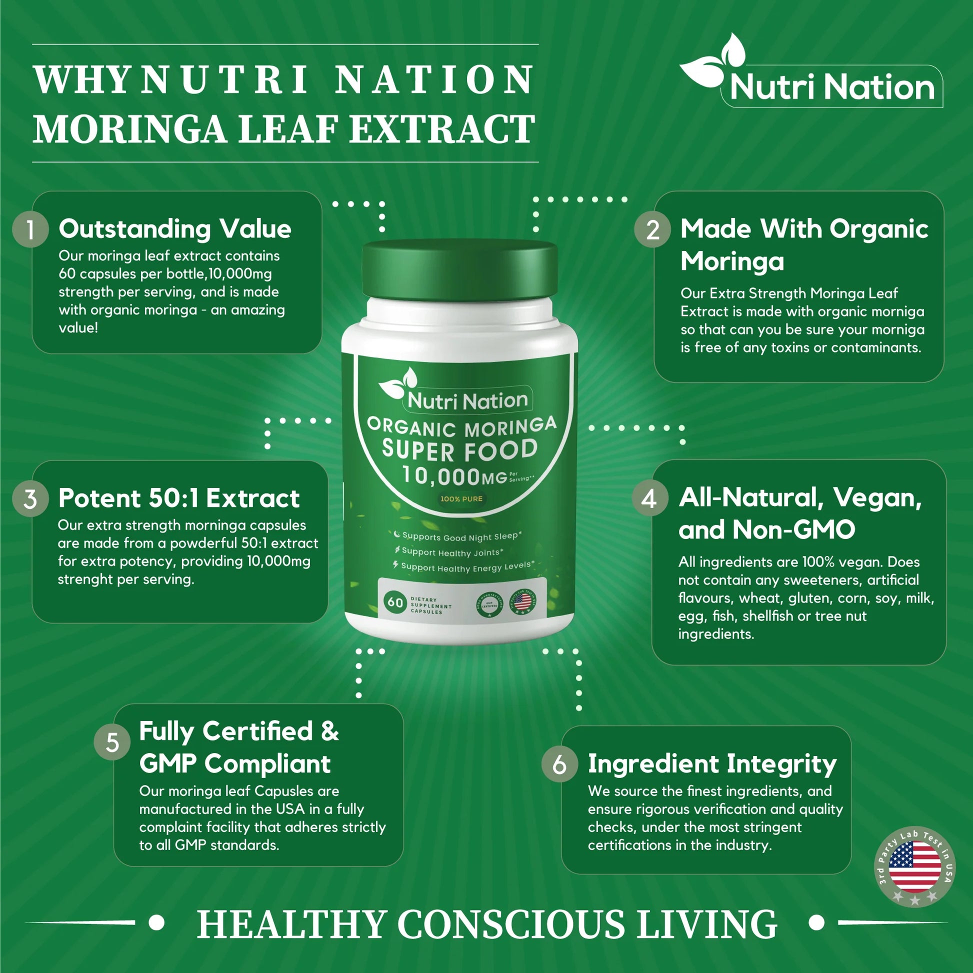 Organic Moringa Supplement 120 Capsules 10,000Mg