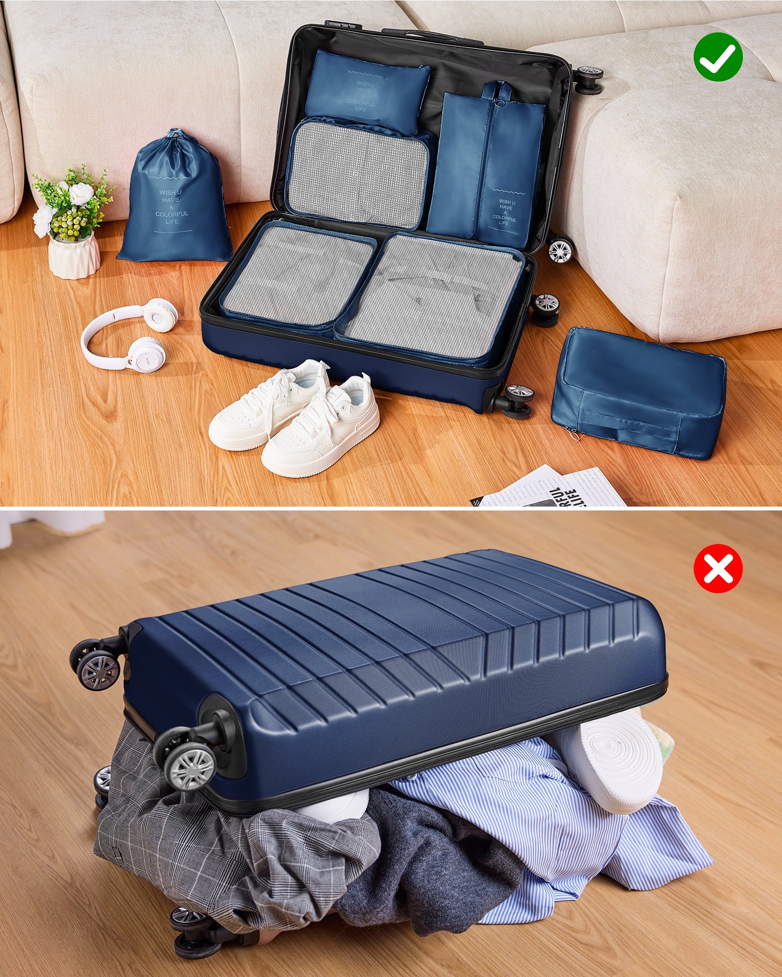 3 Piece Luggage Sets Travel Suitcase Set with 7PCS Organizer Bags, Navy Blue