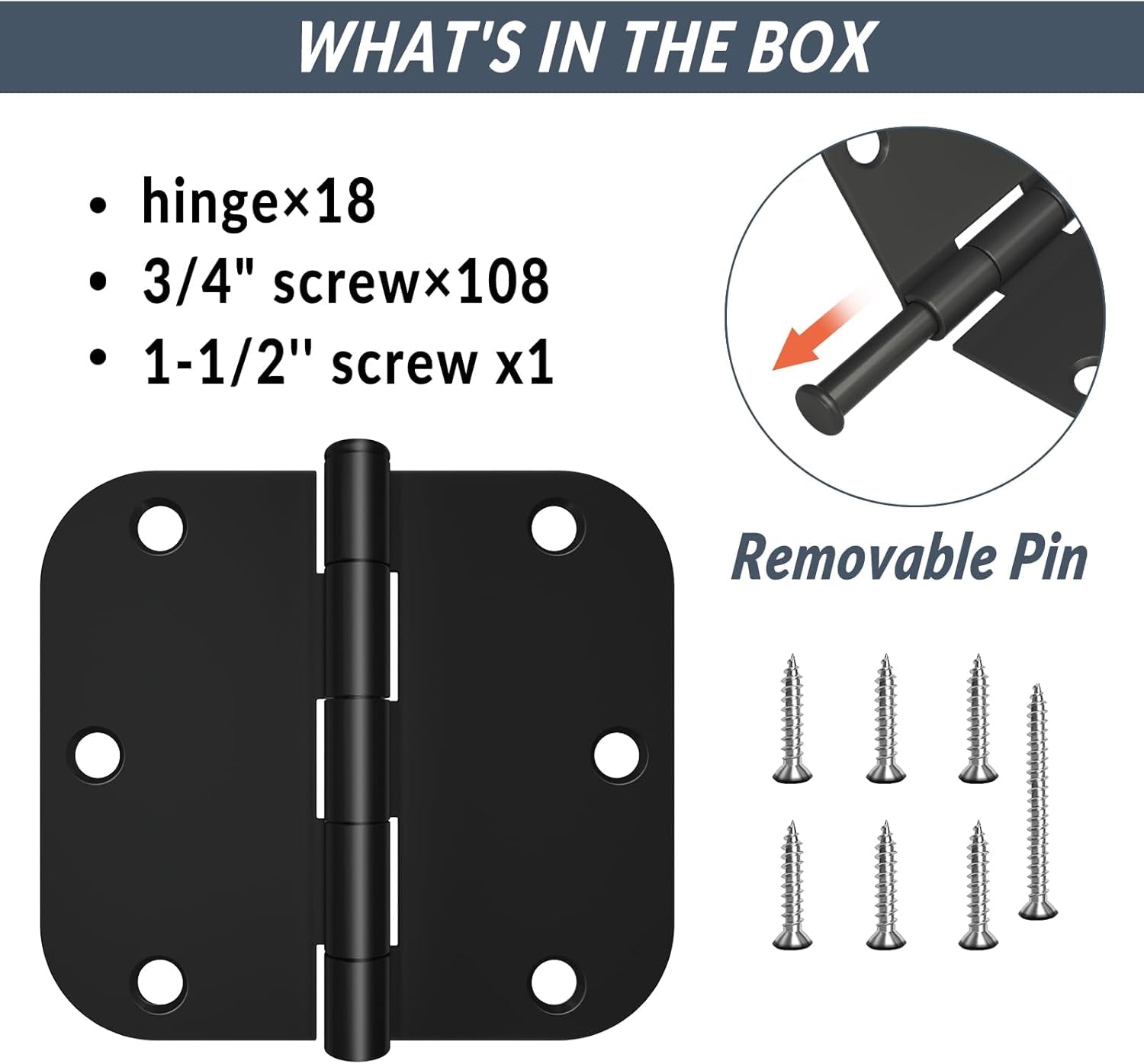 18 Pack Door Hinges Black Matte Interior Door Hinges 3.5 X 3.5 Inch Rounded with 5/8 Radius, Heavy Duty Hinges for Doors